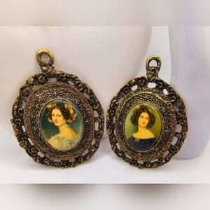 Vintage 24K Gold Plated Portrait Pendants - Hand-Carved Lady Charms (Set of 2)